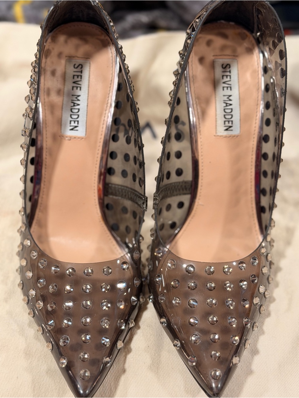 Steve Madden Smoke Clear Pointed-Toe Pumps with Silver Spike Studs